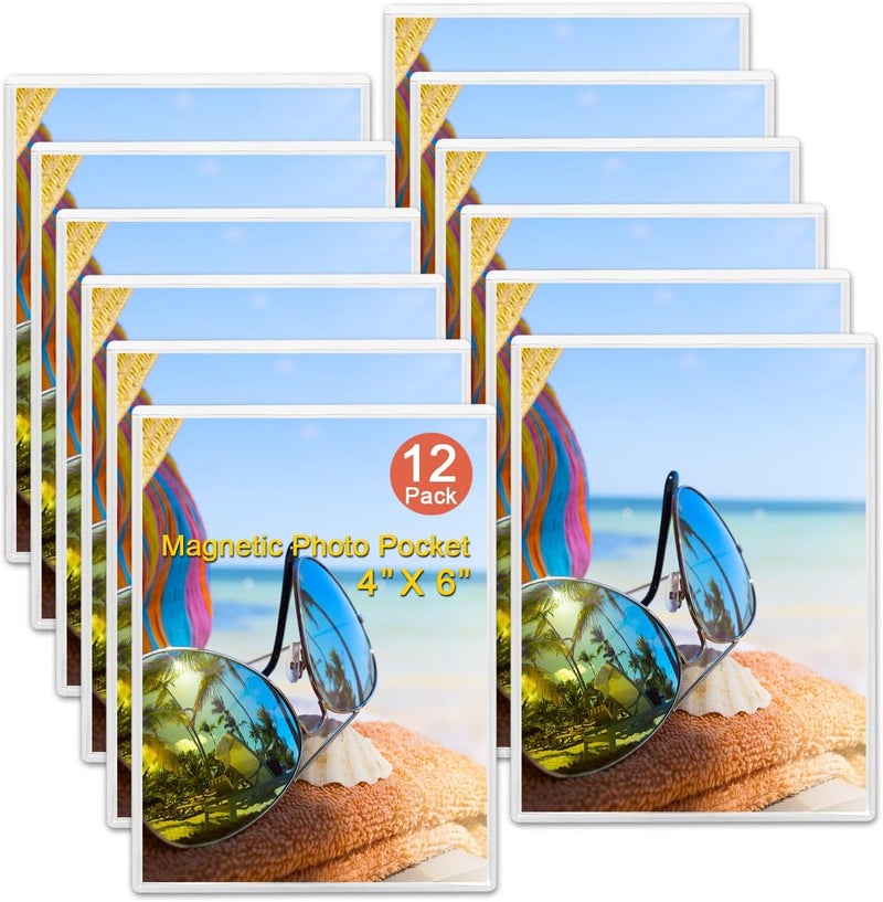 KikoSkool Magnetic Picture Frame, 12 Pack Magnet Photo pocket for Refrigerator 4"x6" Reusable Fridge Photo Frames (4"x6" 12PCS) - Image 1