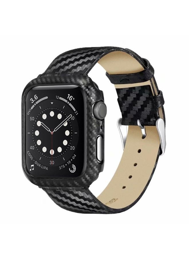 Generic Replacement Strap Genuine Leather Carbon Fiber Strap + Frame for Apple Watch Series 3 & 2 & 1 38mm 