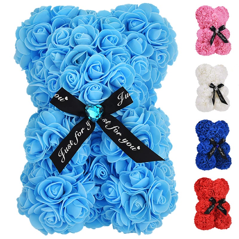EALEBE EALEBE Rose Bear Rose Bear with Box Gifts for Her Mom Mother Hand Made Flower with Lights Boxes Birthday for Valentine's Day Mother's Day Christmas Day Thanksgiving Day  Party Anniversary Light Blue. - Image 1