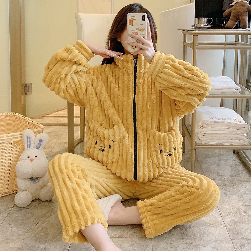 Autumn and winter flannel strip cute sweet coral velvet thick plus fat increase 220kg fat MM can wear home clothes - Image 1