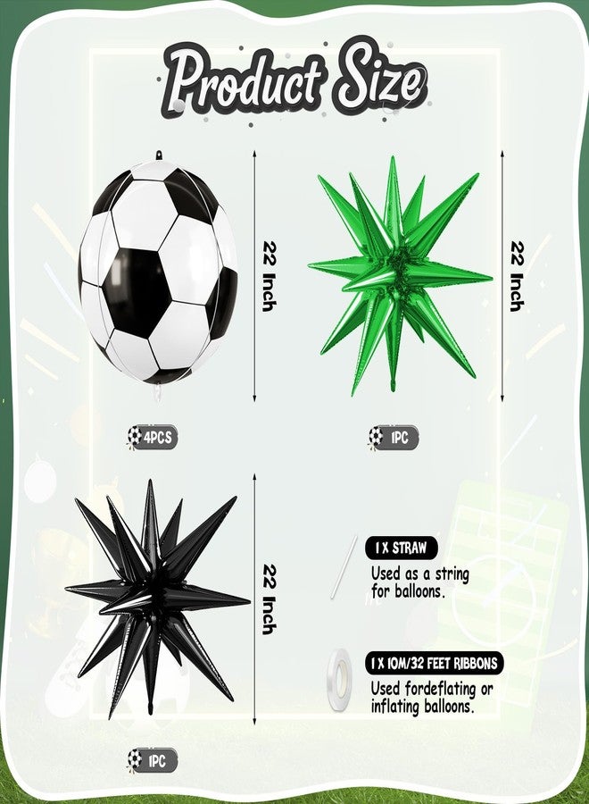 بيابيان بالونات كرة القدم من بيابيان، 6 قطع من بالونات كرة القدم مقاس 22 بوصة، بالونات كرة قدم كبيرة مستديرة من رقائق معدنية مع بالونات نجمة خضراء سوداء من الهيليوم لتزيين حفلات أعياد الميلاد ذات الطابع الرياضي لكرة القدم - Image 2