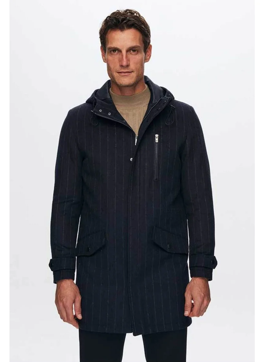 دي أس دامات Ds Damat Regular Fit Navy Blue Striped Wool Hooded Cashmere Coat 1HF08ORT10006