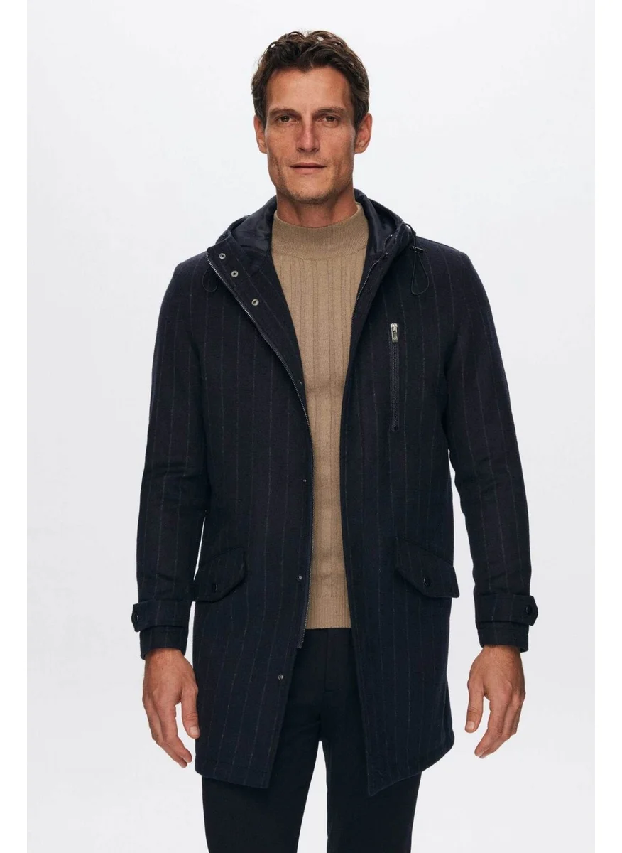 دي أس دامات Ds Damat Regular Fit Navy Blue Striped Wool Hooded Cashmere Coat 1HF08ORT10006