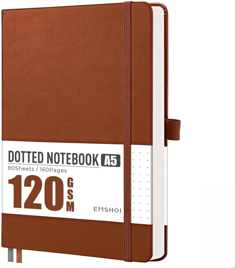 دفتر ملاحظات A5 منقط - 120gsm ورق سميك، غلاف صلب جلدي شبكي منقط لتدوين الرصاص مع 128 صفحة، استنسلات دفتر، جيب داخلي، 21 × 14.5 سم، بني - Image 1