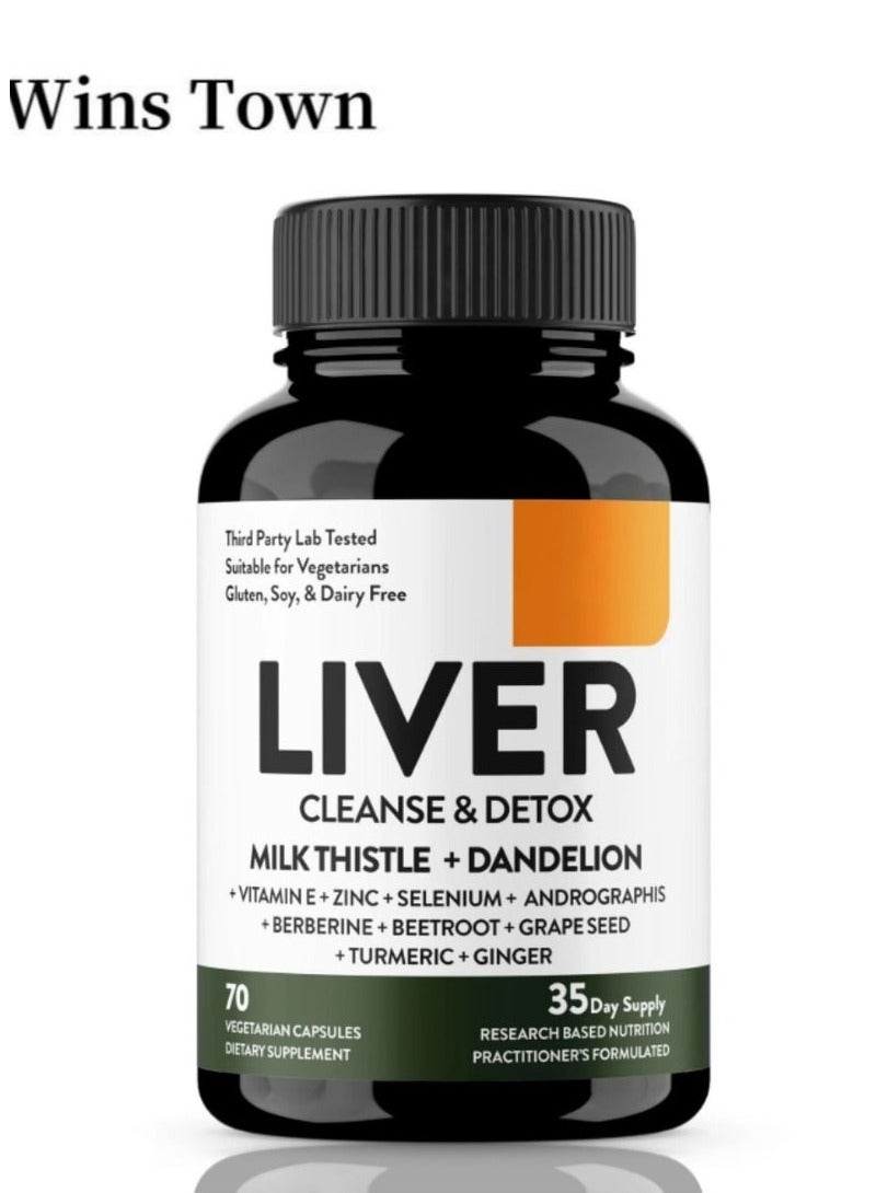 وينز تاون تطهير الكبد وإزالة السموم يدعم مزيجًا من 11 مكونًا: شوك الحليب، الهندباء، الكركم، مستخلص الزنجبيل، البنجر، الزنك، فيتامين هـ، بذور العنب 70 كبسولة - Image 1