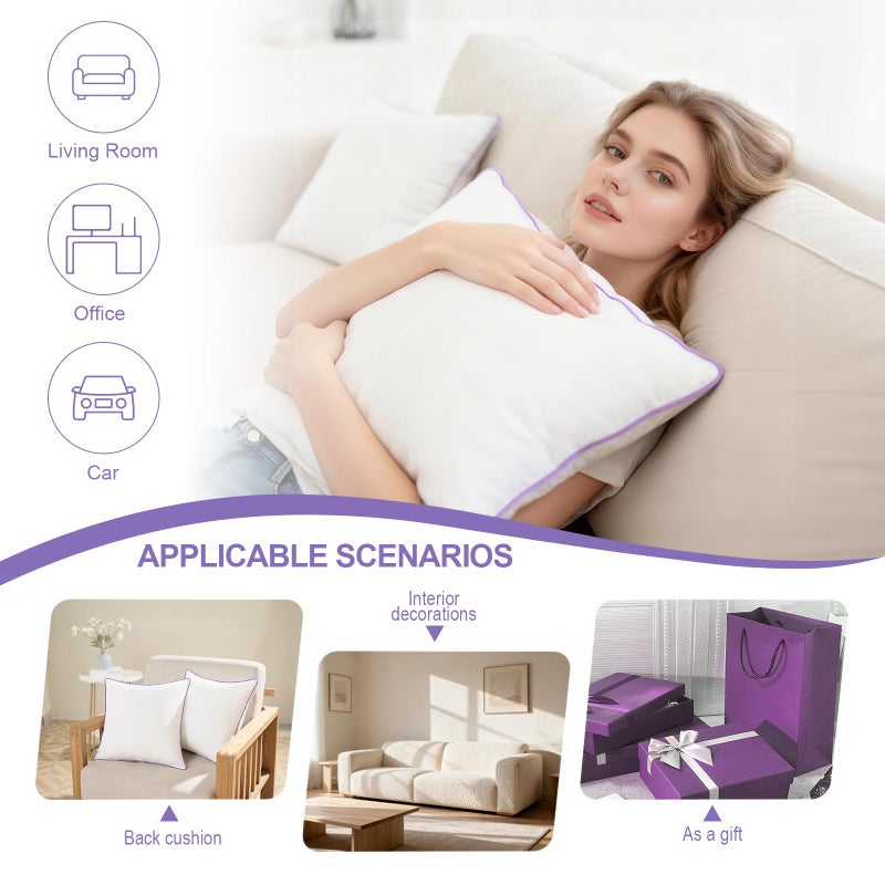Wuuyuef 20x20 Pillow Inserts Set of 2, Hypoallergenic Soft Fluffy Decorative Throw Pillow Inserts with Purple Reinforced Edges, Machine Washable, for Sofa Couch, White - Image 5