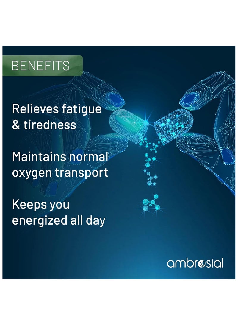 أمبروسيال أقراص حديد أمبروسيال عالية القوة 25 ملغ من الحديد للنساء والرجال، تدعم الدم وتساعد على تقليل التعب والتعب، وتعزيز الامتصاص وعدم الإمساك (عبوة من 2-120 كبسولة) - Image 4