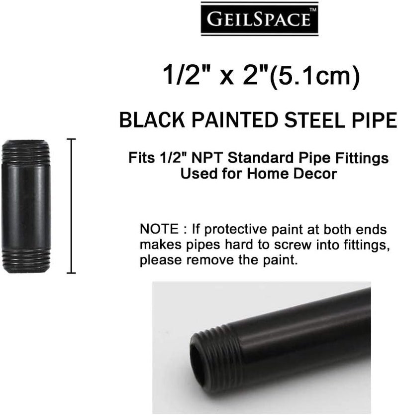GeilSpace 6 Pack 1/2" × 2" Pre-Cut Black Metal Pipe, Industrial Steel Fits Standard Half Inch Black Threaded Pipes and Fittings - Vintage DIY Industrial Shelving (1/2" × 2") - Image 1