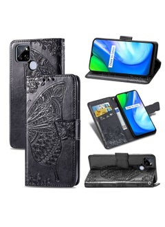 HuHa Case Cover For Realme V3 Butterfly Love Flower Embossed Horizontal Flip Leather Case with Bracket / Card Slot / Wallet / Lanyard Black 