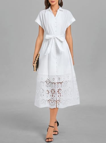 Ladyful Women's Button Down Shirt Dress Belted Short Sleeve Midi Dresses Hollow Collared Business Elegant A-Line Dress White - Image 5