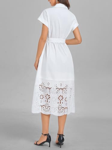 Ladyful Women's Button Down Shirt Dress Belted Short Sleeve Midi Dresses Hollow Collared Business Elegant A-Line Dress White - Image 3