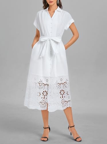 Ladyful Women's Button Down Shirt Dress Belted Short Sleeve Midi Dresses Hollow Collared Business Elegant A-Line Dress White - Image 4