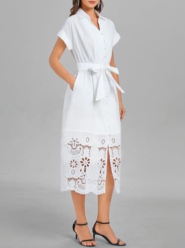 Ladyful Women's Button Down Shirt Dress Belted Short Sleeve Midi Dresses Hollow Collared Business Elegant A-Line Dress White - Image 2