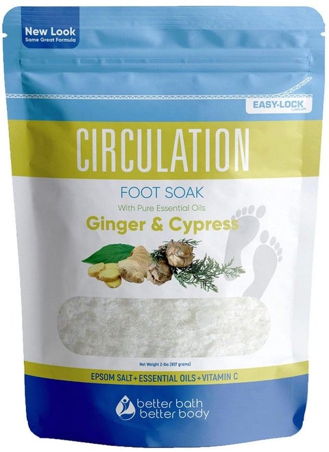 Circulation Foot Soak (2 Lbs) Epsom Salt with Natural Ginger Cypress Eucalyptus and Lavender Essential Oils Plus Vitamin C in BPA Free Pouch with Easy PressLock Seal