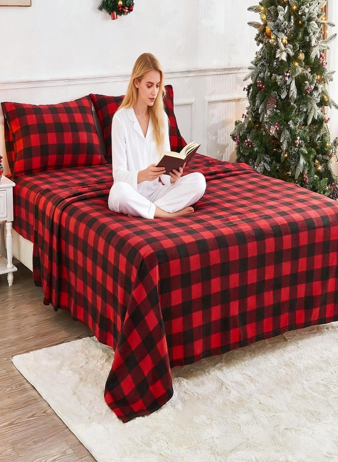 Viviland Plush Micro Fleece Buffalo Plaid Red and Black Holiday Full Bed Sheet Set - Soft Polar Velvet Sheets - Extra Warm Winter Flannel Bed Sheets with Deep Pocket - Christmas Sheet - Full - Image 5