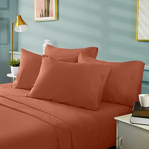 BYSURE 6 Pieces Bed Sheets Set(King, Terracotta) - Hotel Luxury Super Soft 1800 Thread Count 100% Microfiber Sheets with Deep Pockets, Wrinkle & Fade Resistant - Image 2