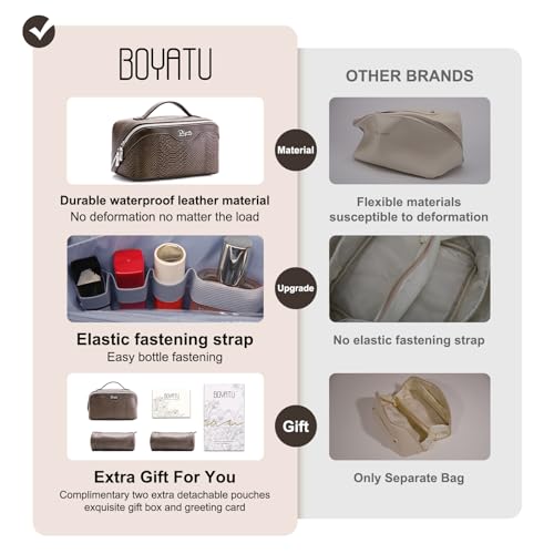BOYATU Travel Makeup Bags for Women: 3 Pcs Set Wide Open Cosmetic Bag - Portable Make up Bags with Handle - Vegan Leather Toiletry Organizer Bag with Divider (G-03-Coffee) - Image 5