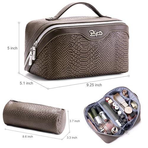 BOYATU Travel Makeup Bags for Women: 3 Pcs Set Wide Open Cosmetic Bag - Portable Make up Bags with Handle - Vegan Leather Toiletry Organizer Bag with Divider (G-03-Coffee) - Image 2