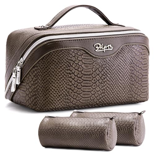 BOYATU Travel Makeup Bags for Women: 3 Pcs Set Wide Open Cosmetic Bag - Portable Make up Bags with Handle - Vegan Leather Toiletry Organizer Bag with Divider (G-03-Coffee) - Image 1