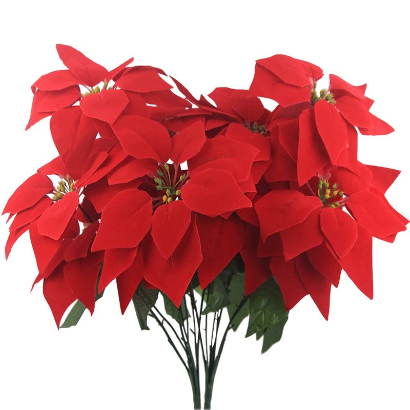 Ferial 2 Pcs Artificial Christmas Flowers Red 5 Heads Silk Poinsettia Bouquet Fake Flowers for Xmas Party Wedding Decoration - Image 2