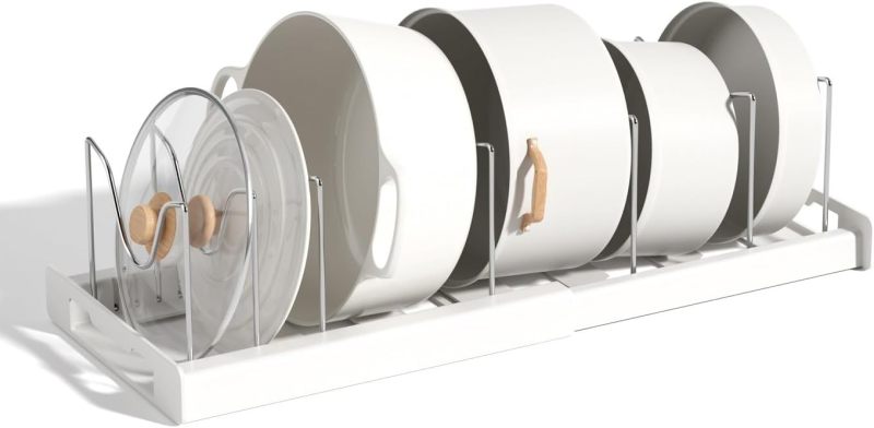 Expandable Pot And Pan Organizer: 12 To 22 Inch Adjustable Length With 7 Stainless Steel Dividers - Rustproof Scratch-Resistant Tool-Free Installation, White Kitchen Cabinet Storage For Pots, Pans, Li - Image 3