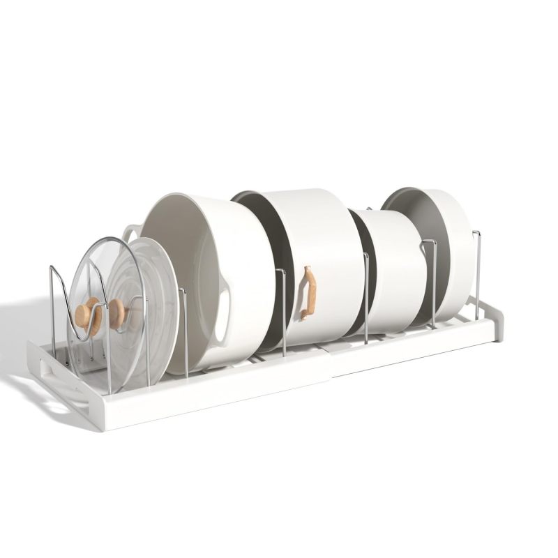Expandable Pot And Pan Organizer: 12 To 22 Inch Adjustable Length With 7 Stainless Steel Dividers - Rustproof Scratch-Resistant Tool-Free Installation, White Kitchen Cabinet Storage For Pots, Pans, Li - Image 1