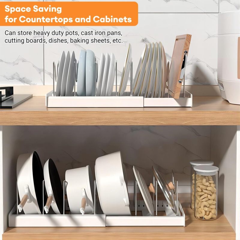 Expandable Pot And Pan Organizer: 12 To 22 Inch Adjustable Length With 7 Stainless Steel Dividers - Rustproof Scratch-Resistant Tool-Free Installation, White Kitchen Cabinet Storage For Pots, Pans, Li - Image 4