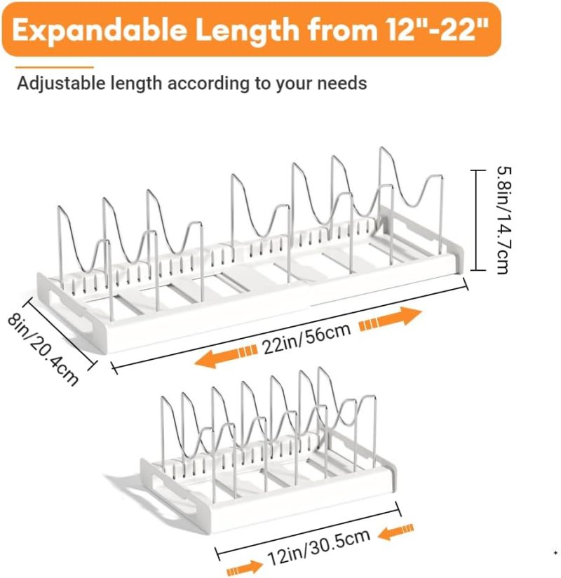 Expandable Pot And Pan Organizer: 12 To 22 Inch Adjustable Length With 7 Stainless Steel Dividers - Rustproof Scratch-Resistant Tool-Free Installation, White Kitchen Cabinet Storage For Pots, Pans, Li - Image 2