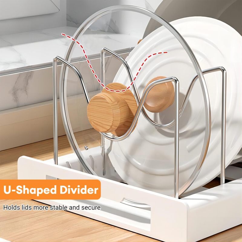 Expandable Pot And Pan Organizer: 12 To 22 Inch Adjustable Length With 7 Stainless Steel Dividers - Rustproof Scratch-Resistant Tool-Free Installation, White Kitchen Cabinet Storage For Pots, Pans, Li - Image 5
