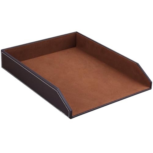 KINGFOM Letter Tray, PU Leather Paper Organizer Tray for Desk, Paper Organizer Storage Holder for Office Home or School A4 Size Brown - Image 1