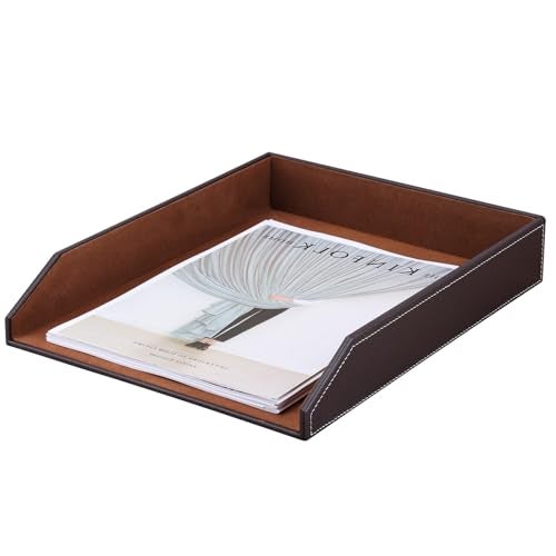 KINGFOM Letter Tray, PU Leather Paper Organizer Tray for Desk, Paper Organizer Storage Holder for Office Home or School A4 Size Brown - Image 5