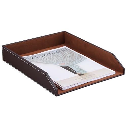 KINGFOM Letter Tray, PU Leather Paper Organizer Tray for Desk, Paper Organizer Storage Holder for Office Home or School A4 Size Brown - Image 4