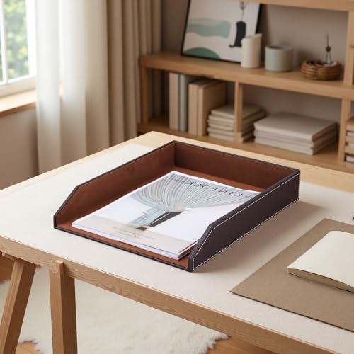 KINGFOM Letter Tray, PU Leather Paper Organizer Tray for Desk, Paper Organizer Storage Holder for Office Home or School A4 Size Brown - Image 3