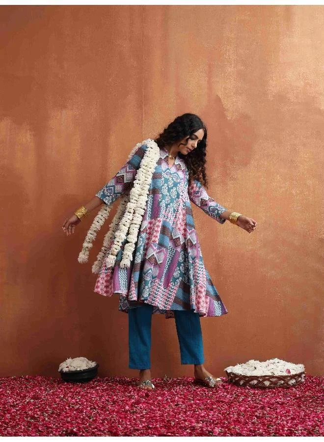 trueBrowns Blue Print Flared Anarkali Kurta Co-ord Set