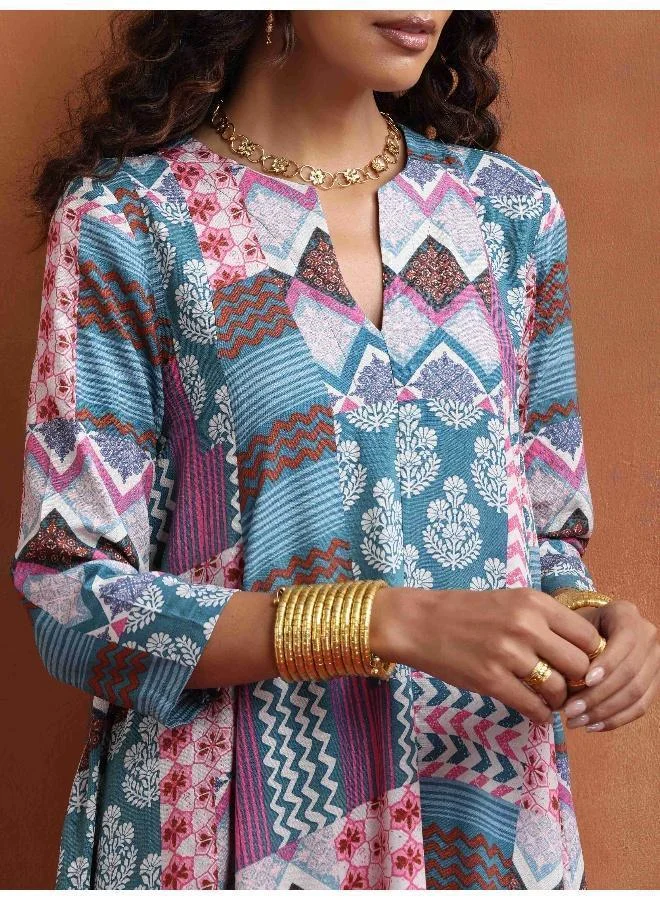 trueBrowns Blue Print Flared Anarkali Kurta Co-ord Set