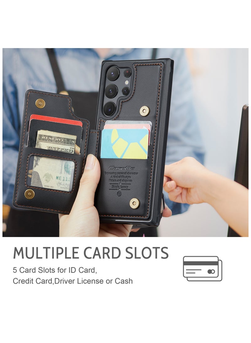 CaseMe Wallet Case for Samsung Galaxy S23 Ultra, Premium Handmade Durable PU Leather Slim Shockproof Case with [Double Magnetic Clasp] [Card Holder] [Kickstand] [RFID Blocking] (Black) - Image 2