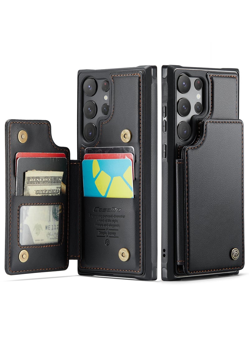 CaseMe Wallet Case for Samsung Galaxy S23 Ultra, Premium Handmade Durable PU Leather Slim Shockproof Case with [Double Magnetic Clasp] [Card Holder] [Kickstand] [RFID Blocking] (Black) - Image 3