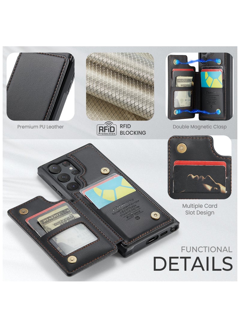 CaseMe Wallet Case for Samsung Galaxy S23 Ultra, Premium Handmade Durable PU Leather Slim Shockproof Case with [Double Magnetic Clasp] [Card Holder] [Kickstand] [RFID Blocking] (Black) - Image 5