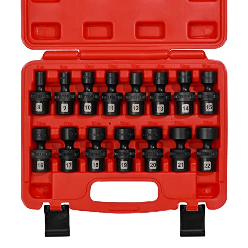 Mayouko 15PCS 3/8" Drive Shallow Universal Impact Socket Set, 6 Point, Metric, 8-22mm, 15-Piece Swivel Socket Set, Metric Flexible Wobble Sockets, CR-MO Steel - Image 1