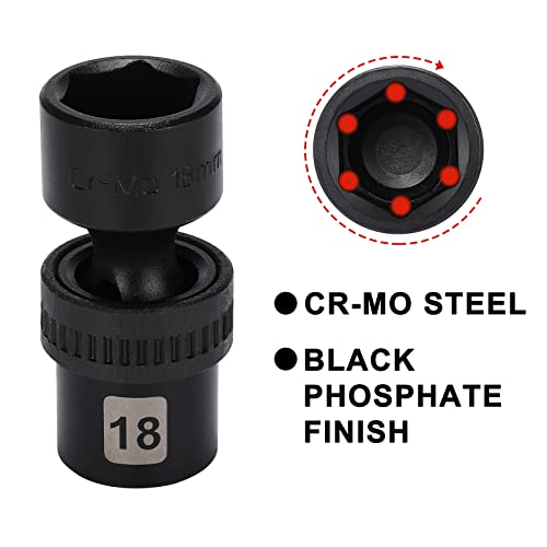 Mayouko 15PCS 3/8" Drive Shallow Universal Impact Socket Set, 6 Point, Metric, 8-22mm, 15-Piece Swivel Socket Set, Metric Flexible Wobble Sockets, CR-MO Steel - Image 4