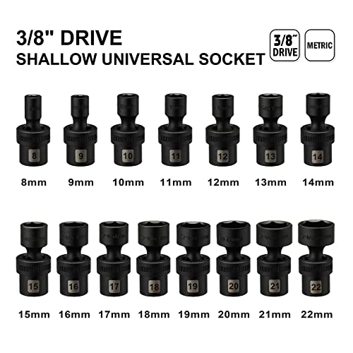 Mayouko 15PCS 3/8" Drive Shallow Universal Impact Socket Set, 6 Point, Metric, 8-22mm, 15-Piece Swivel Socket Set, Metric Flexible Wobble Sockets, CR-MO Steel - Image 2