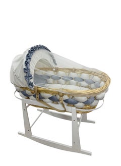 Star Kids Elegant Baby Crib (Moses Basket) Blue and White with Rocking Wooden Base, Mattress and Mosquito Net  - Image 1