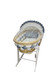 Star Kids Elegant Baby Crib (Moses Basket) Blue and White with Rocking Wooden Base, Mattress and Mosquito Net  - Image 2