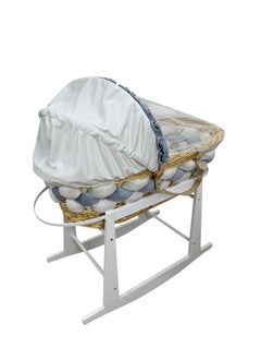 Star Kids Elegant Baby Crib (Moses Basket) Blue and White with Rocking Wooden Base, Mattress and Mosquito Net  - Image 3
