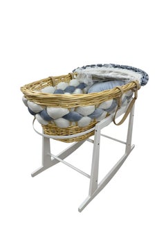 Star Kids Elegant Baby Crib (Moses Basket) Blue and White with Rocking Wooden Base, Mattress and Mosquito Net  - Image 4