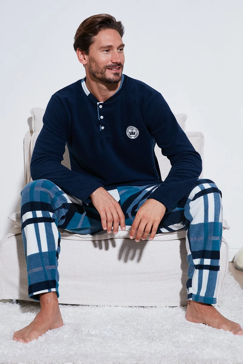 Buratti Plaid Regular Fit Buttoned Crew Neck Winter Fleece Pajama Set Men's Pajama Set 60961008