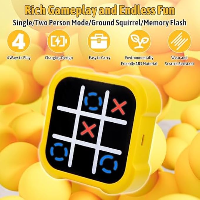 2-IN-1 HANDHELD ELECTRONIC PUZZLE GAME CONSOLE, PORTABLE TIC TAC TOE AND MEMORY FLASH GAMES, RECHARGEABLE ABS GAMING DEVICE WITH 4 PLAY MODES, YELLOW - Image 2