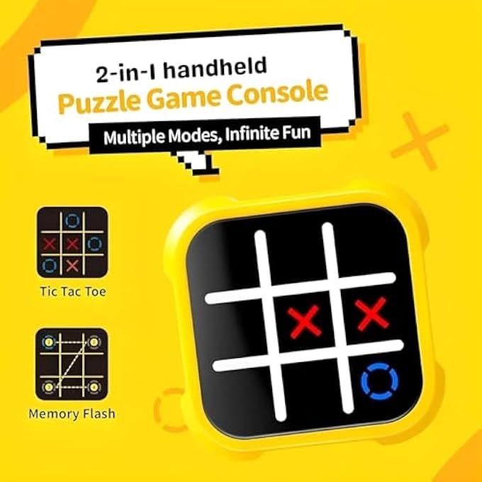 2-IN-1 HANDHELD ELECTRONIC PUZZLE GAME CONSOLE, PORTABLE TIC TAC TOE AND MEMORY FLASH GAMES, RECHARGEABLE ABS GAMING DEVICE WITH 4 PLAY MODES, YELLOW - Image 3