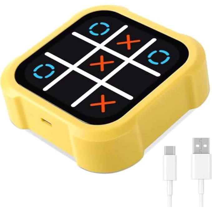 2-IN-1 HANDHELD ELECTRONIC PUZZLE GAME CONSOLE, PORTABLE TIC TAC TOE AND MEMORY FLASH GAMES, RECHARGEABLE ABS GAMING DEVICE WITH 4 PLAY MODES, YELLOW - Image 1