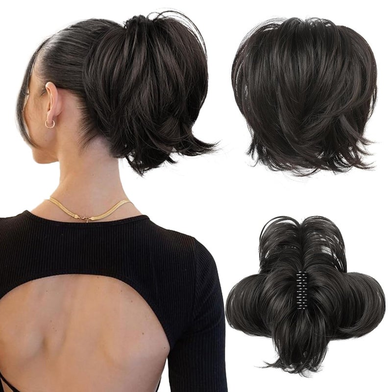 HOOJIH Messy Bun Hair Piece Claw Clip in Straight Hair Bun 9 Inch Short Ponytail Extension with Bendable Metal Wire Hair Pieces for Women Fake Hair Bun DIY Styles  Black Brown